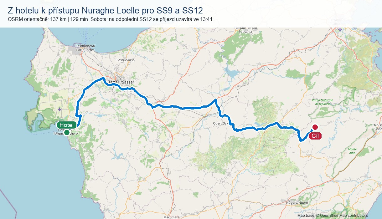 Orientační mapa z hotelu k Nuraghe Loelle