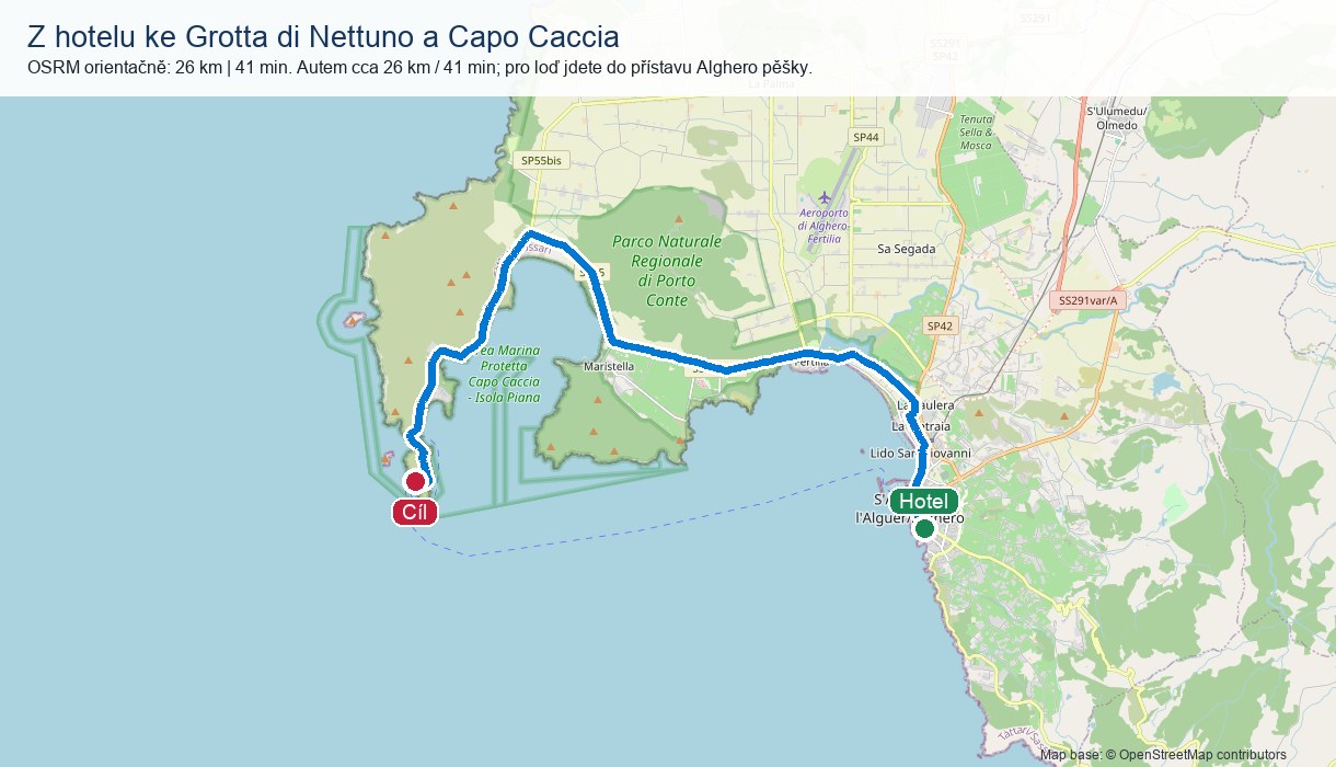 Orientační mapa z hotelu ke Grotte di Nettuno