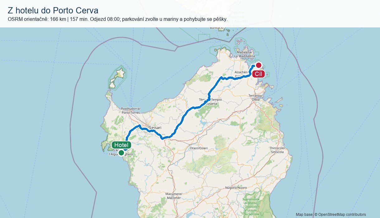 Orientační mapa z hotelu v Algheru do Porto Cerva