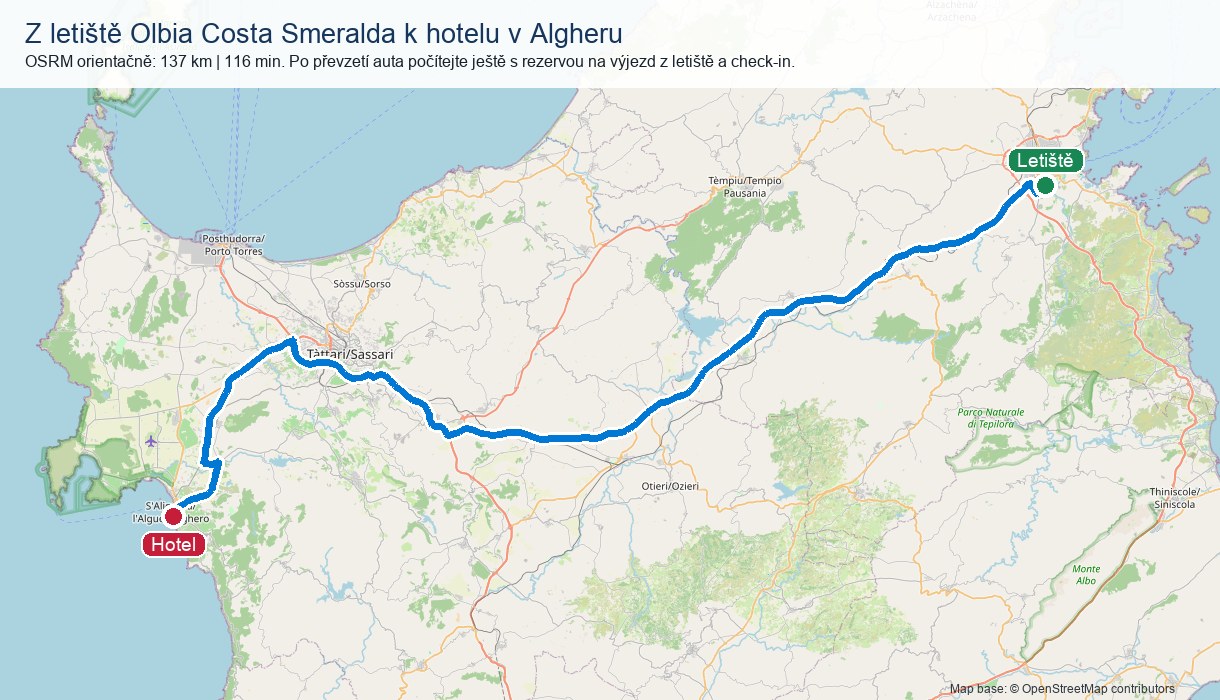 Orientační mapa z letiště Olbia Costa Smeralda k hotelu ve Via Sassari 145 v Algheru